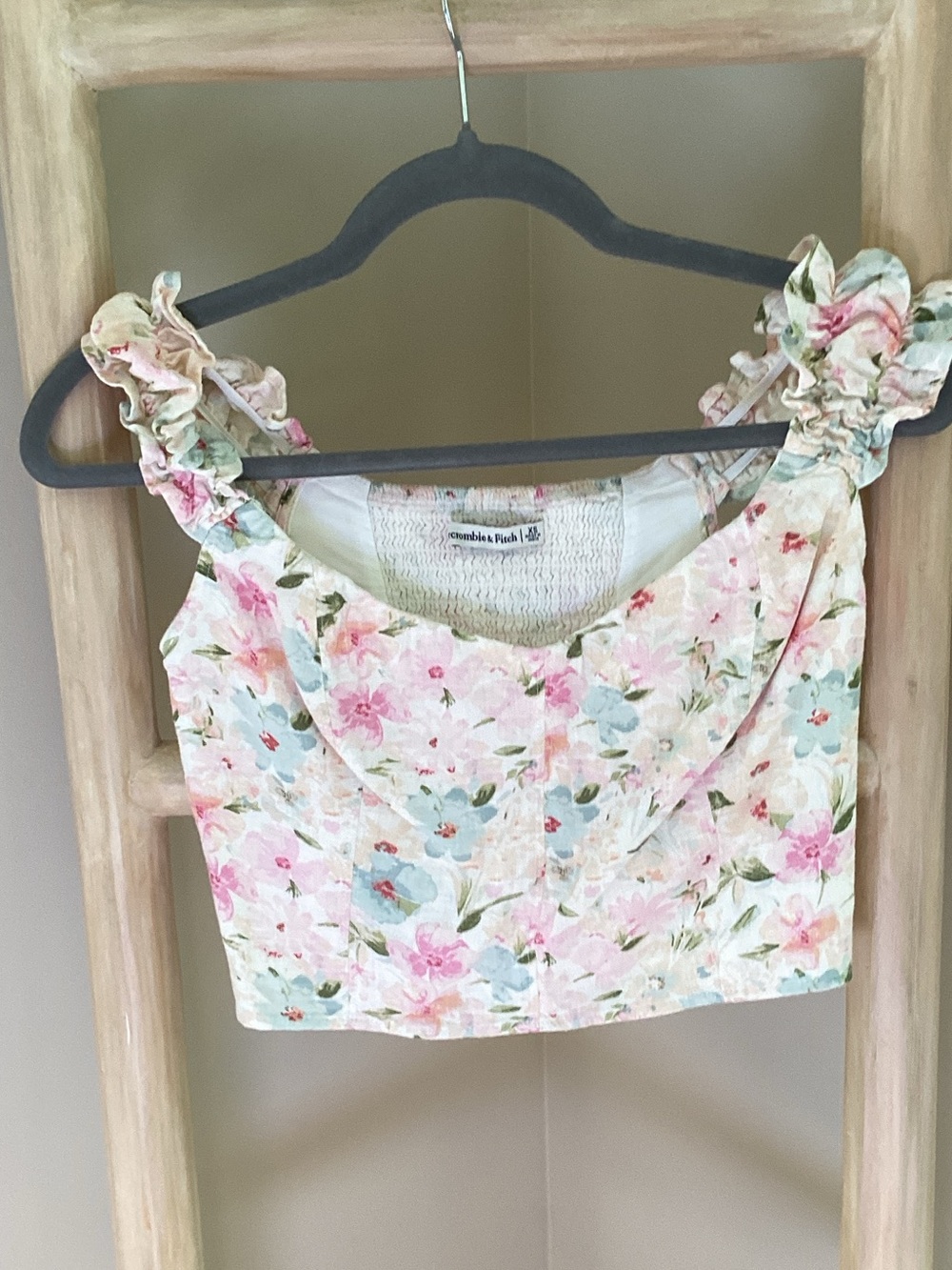 Abercrombie & Fitch Cream Floral Ruffle-Strap Crop Top